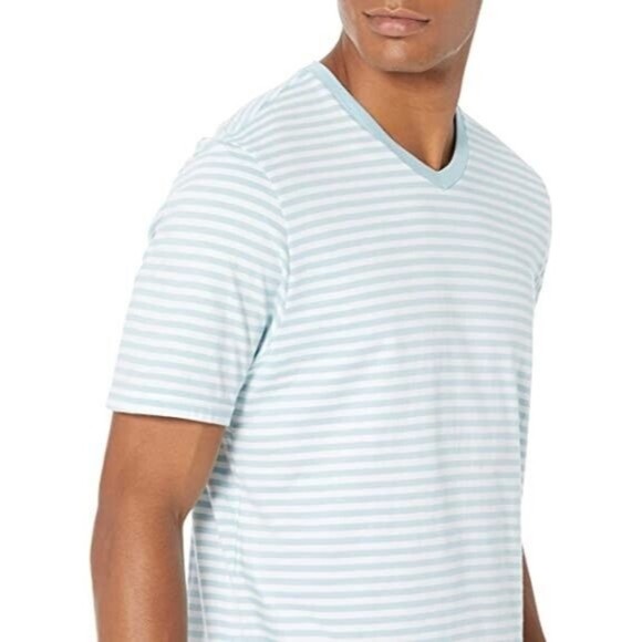 Men's Large V Neck T Shirt Tee Striped Short Sleeve Aqua Blue/White - Picture 6 of 6